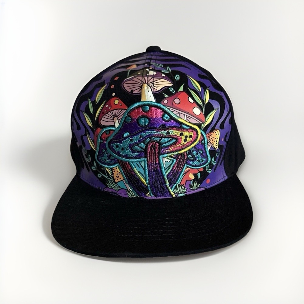 Vibrant Mushroom Forest Trippy TL Flat Brim Cap Hippie‎ Streetwear Black Hat O/S
